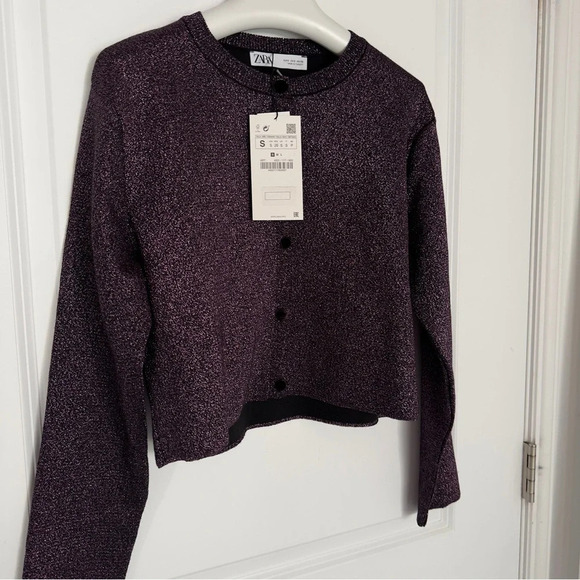 NWT Zara purple &  black shimmery tinsel-like knit cropped cardigan size S - Picture 9 of 10
